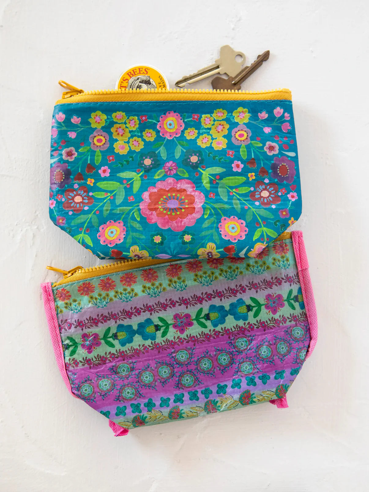 Small Recycled Zipper Pouch // Turquoise Folk Flower