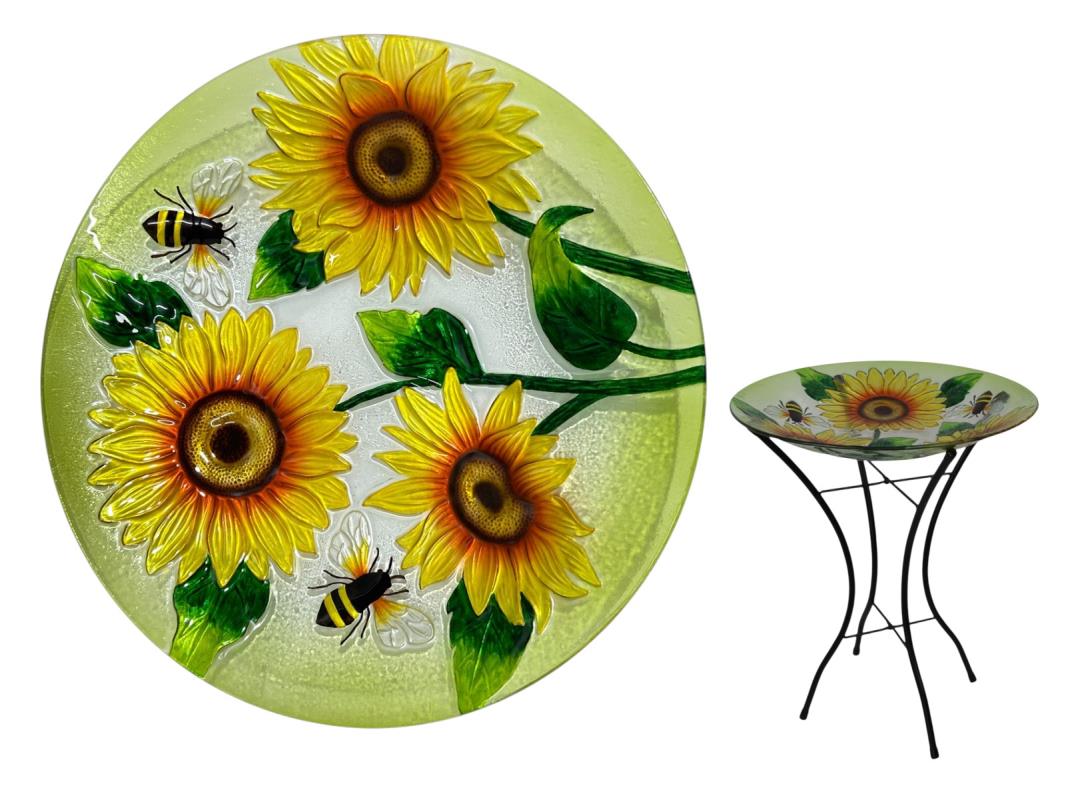 Bird Feeder // Metal/Glass with Bee & Sunflowers Design // 46cm