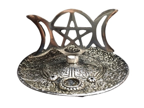 Incense Holder // Round With Standing Triple Moon & Pentacle // Aluminium // 11.5cm