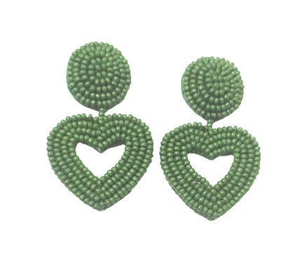 Beaded Heart Earrings // Sage Green