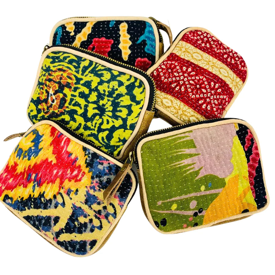 Coin Purse // Vintage Kantha with Leather Back