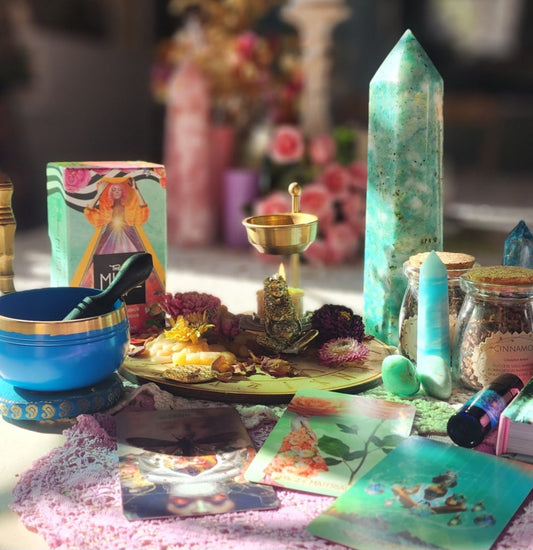 Oracle card deck with guidebook and crystals