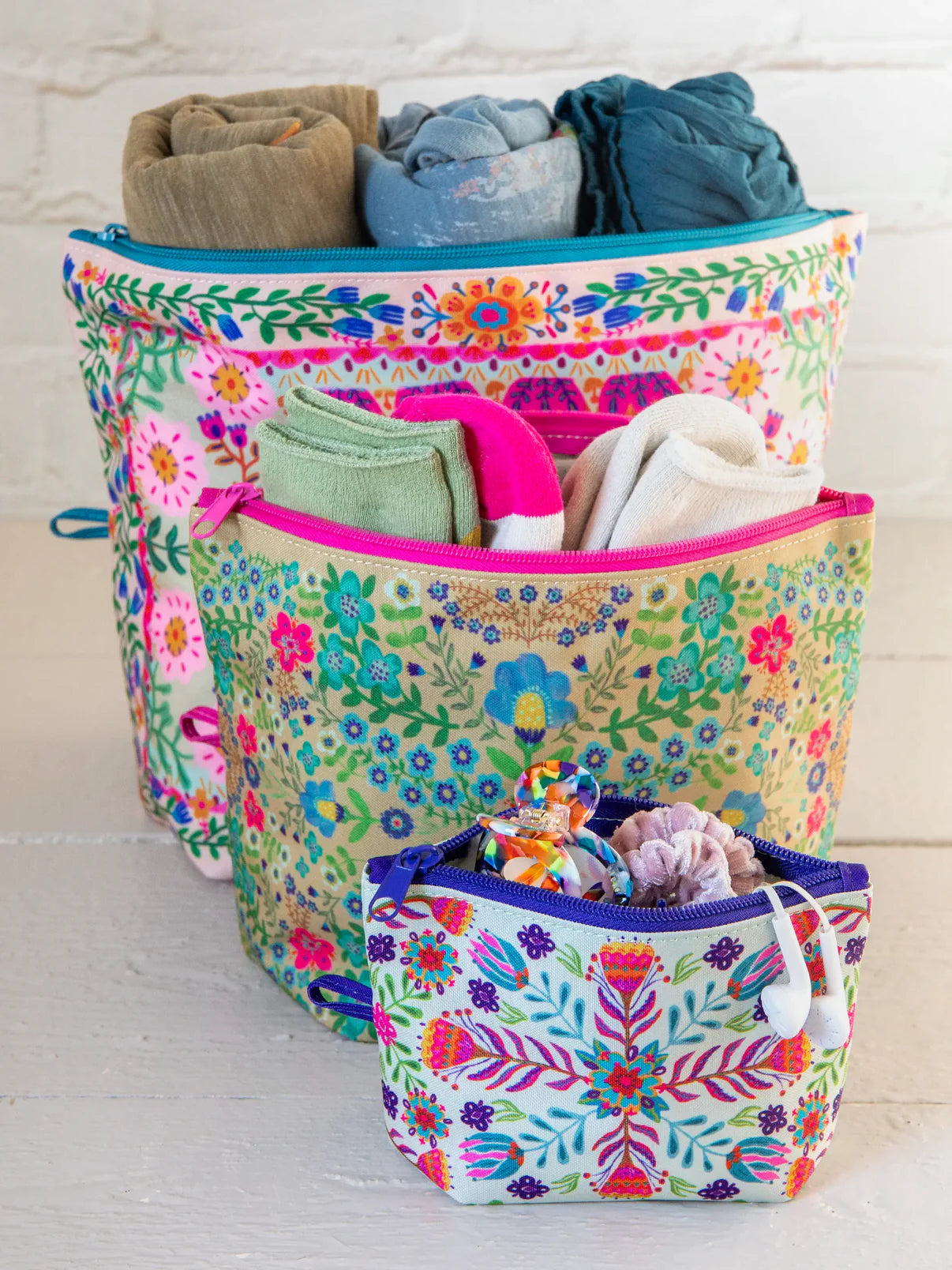 Anything & Everything Pouches // Set of 3 // Taupe Folk Flower