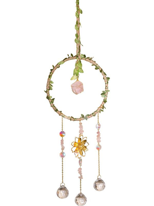Hanging // Rose Quartz Suncatcher w/Leaves // 54cm