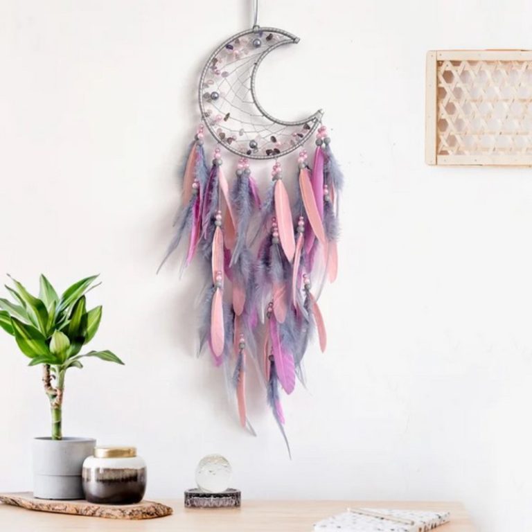 Dreamcatcher // Moon // Pink & Grey Feathers // 15cm