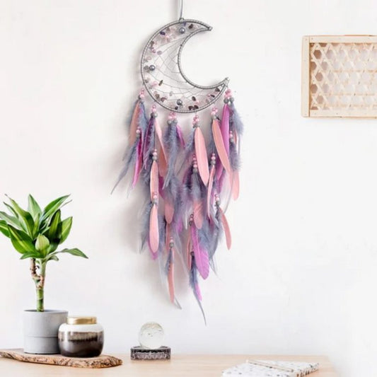 Dreamcatcher // Moon // Pink & Grey Feathers // 15cm