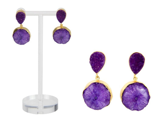 Earring // Purple Geode Drop With 18K Plating