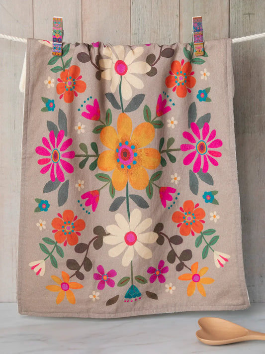 Cotton Dish Towel // Taupe Folk Flower