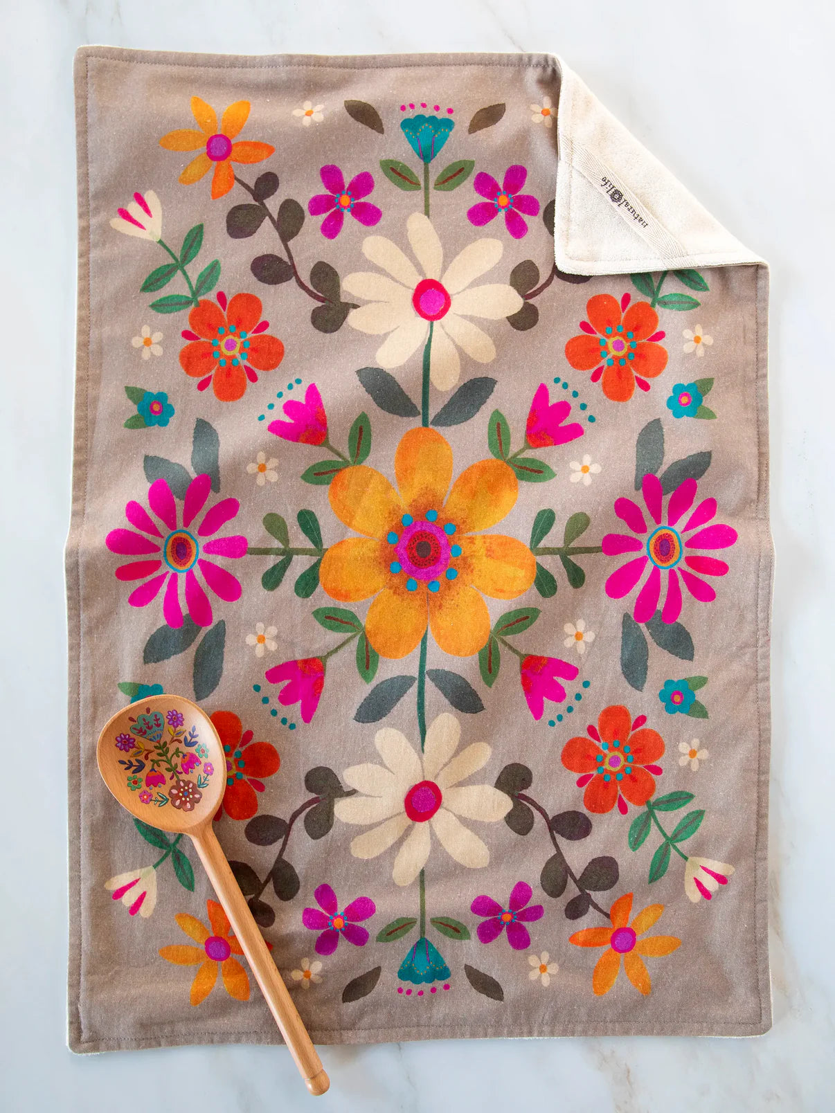 Cotton Dish Towel // Taupe Folk Flower