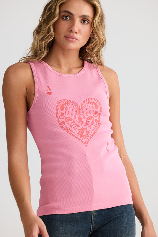 Ace Of Hearts Ribbed Tank // Pink Wash