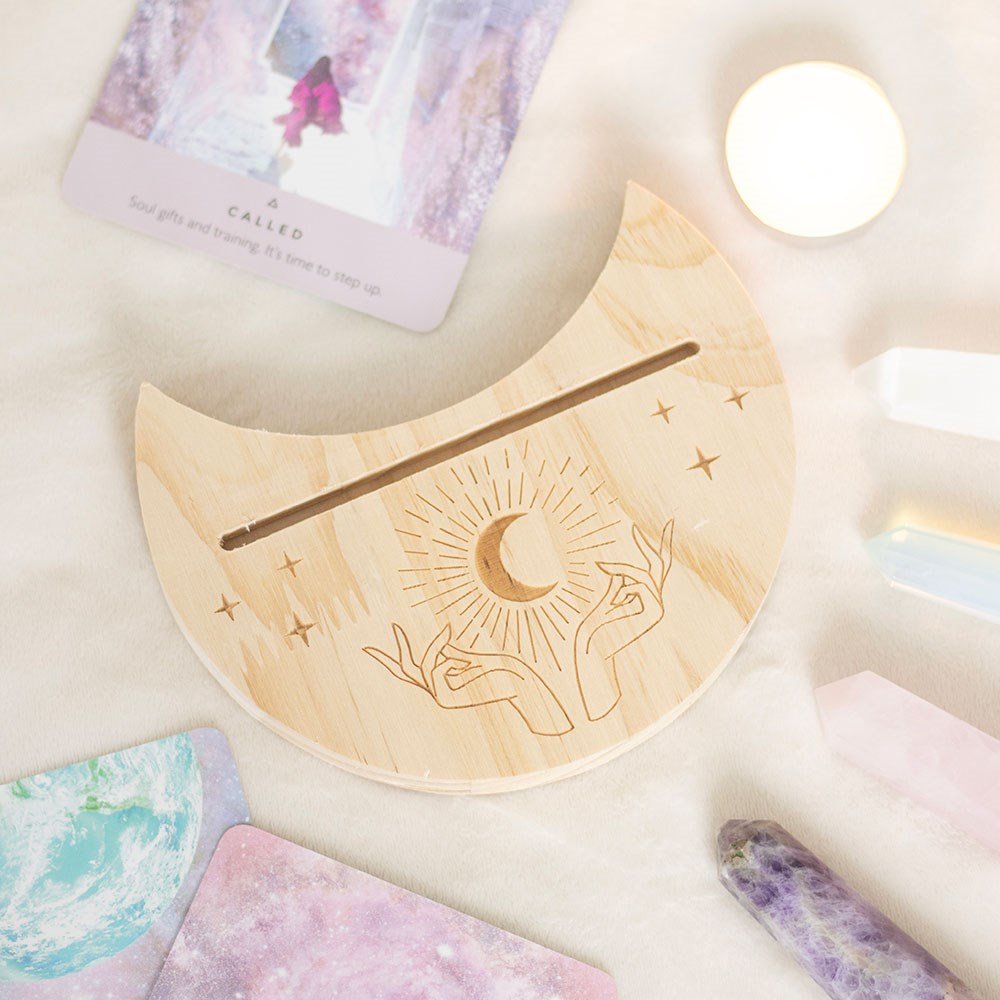 Tarot Card Stand // Natural Mystical Hands Crescent Moon // Wooden