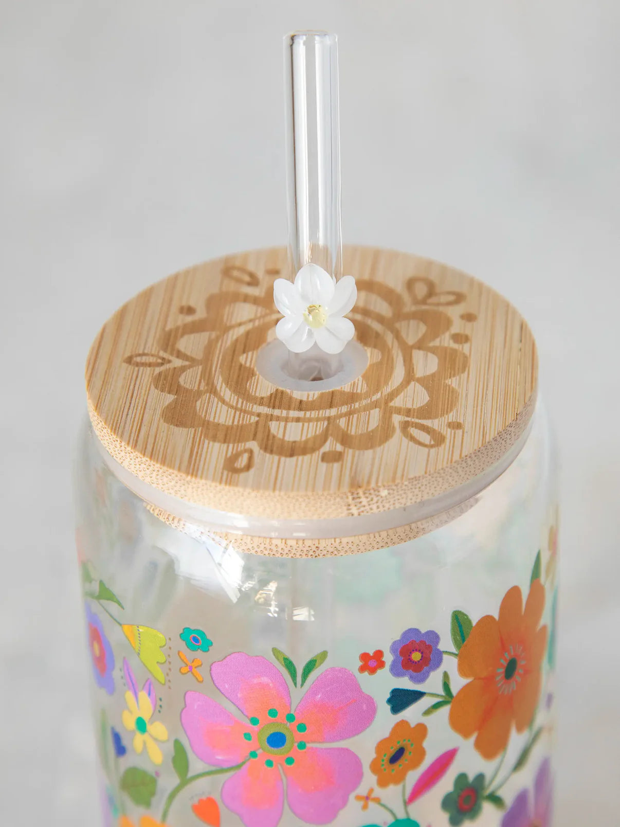 Glass Tumbler With Lid & Straw // Folk Flower