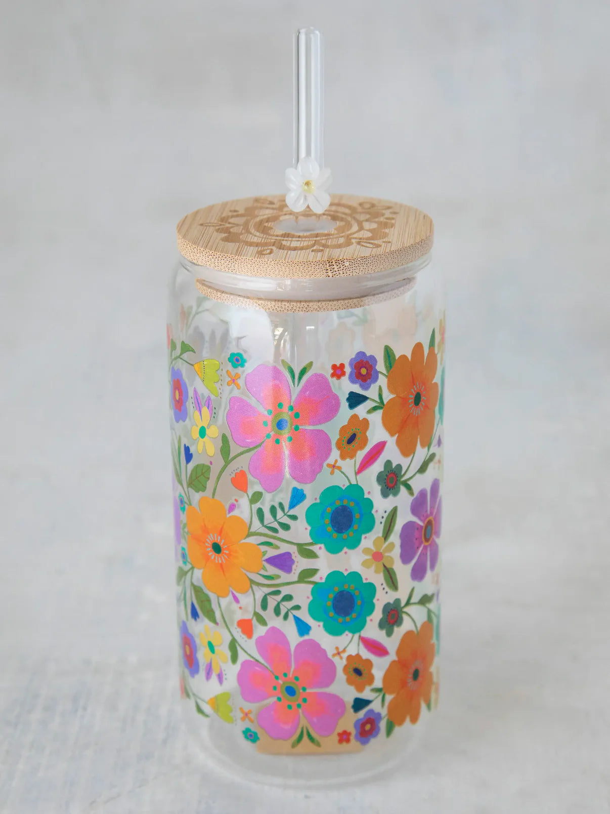 Glass Tumbler With Lid & Straw // Folk Flower