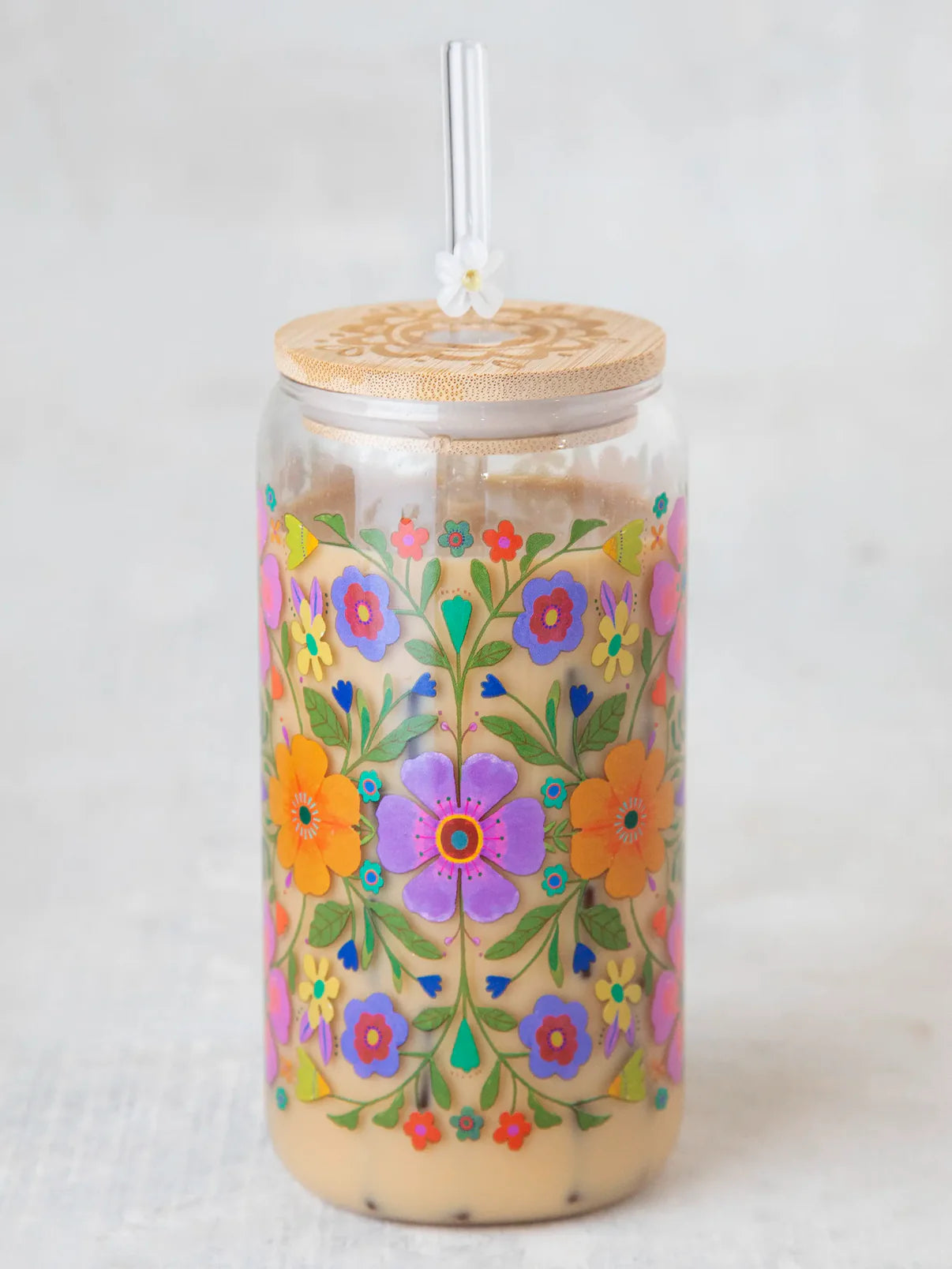 Glass Tumbler With Lid & Straw // Folk Flower