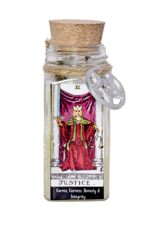 CANDLE - Justice Tarot 100gms with herbs and crystals