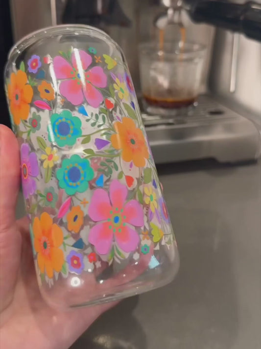 Glass Tumbler With Lid & Straw // Folk Flower