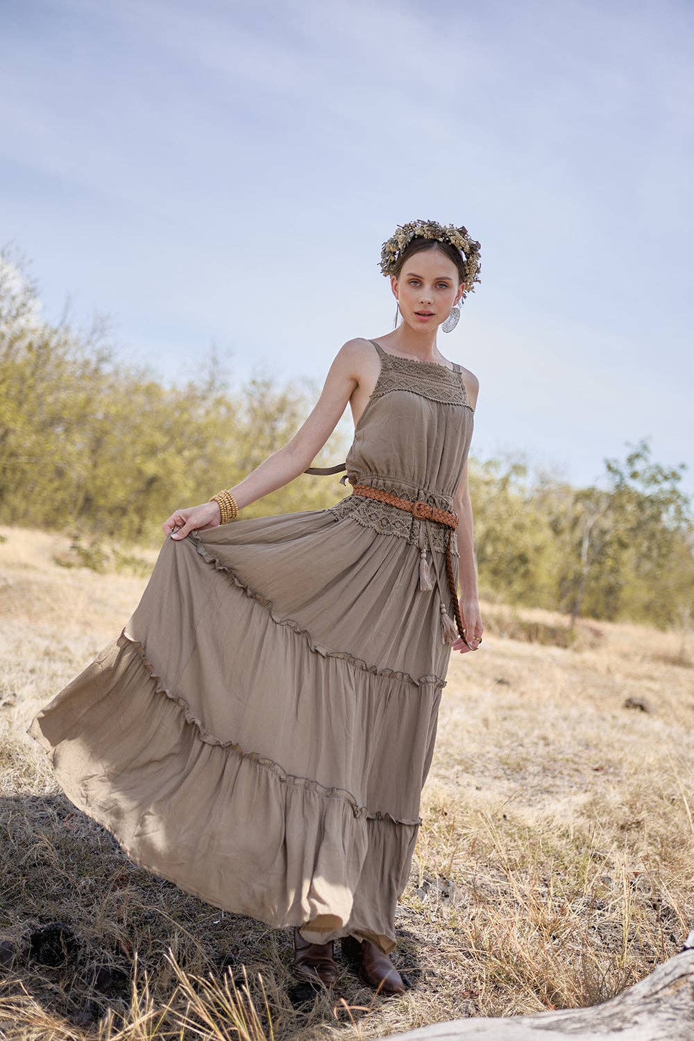 Chloe Halter Maxi Frill Dress - Desert Sand