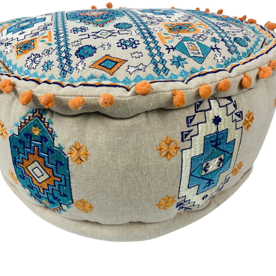 Ottoman // Foot Rest Geometric with Orange Pompoms