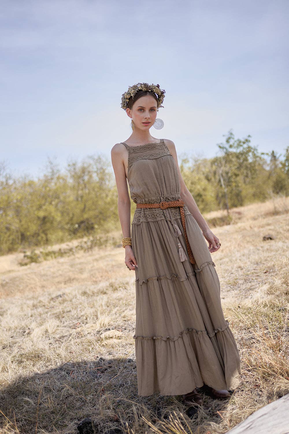 Chloe Halter Maxi Frill Dress - Desert Sand