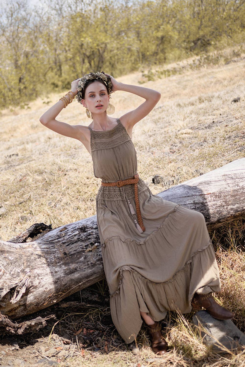 Chloe Halter Maxi Frill Dress - Desert Sand